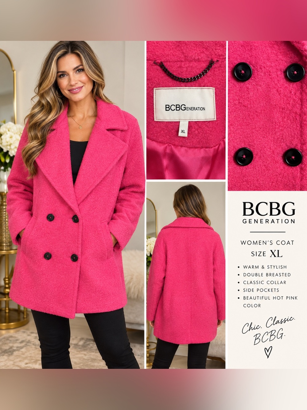 BCBG Generation Coat Womens XL Hot Pink Sherpa Double Breasted Lined